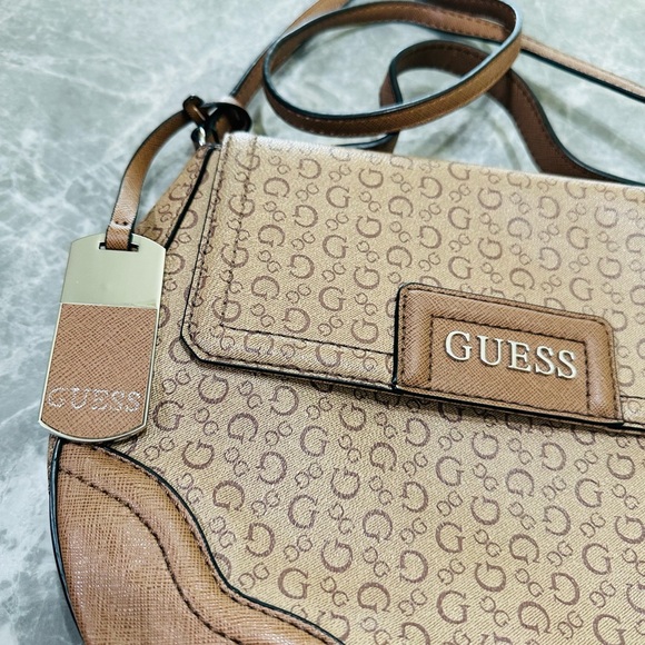 Guess Tan Top Handle Handbag Purse With Shoulder Crossbody Strap Bag Charm - Picture 2 of 5